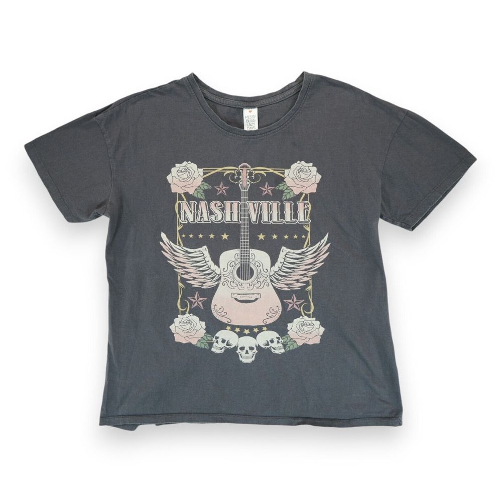 Nashville Women's T Shirt Country Music Tennessee Size Large Gray ~ Skull Print